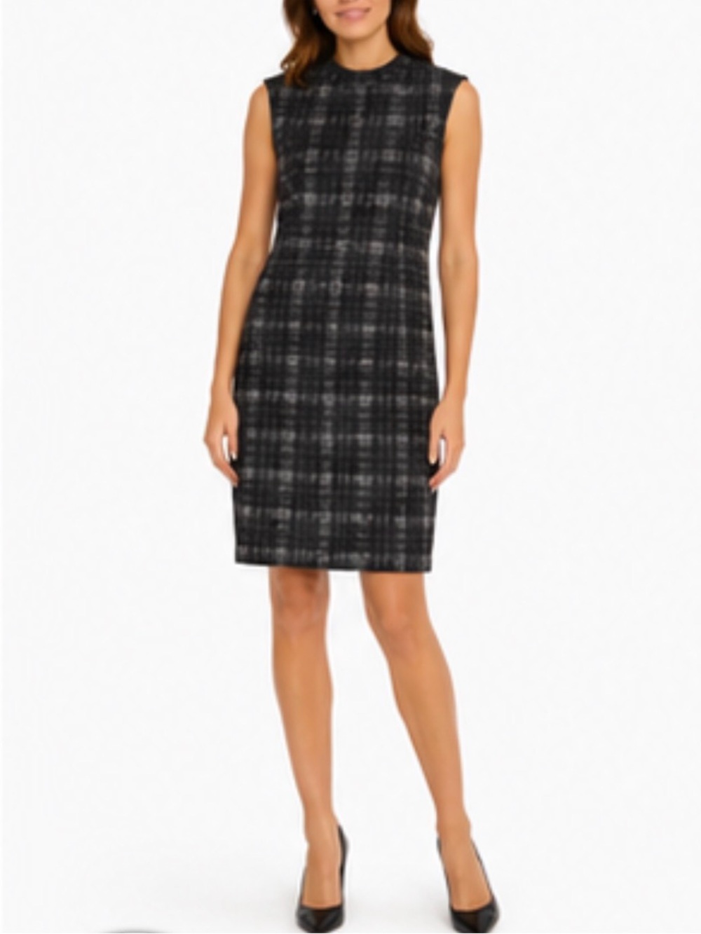 Sleeveless Black and Grey Plaid Sheath Dress